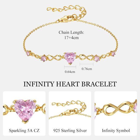 Infinity Heart Birthstone Sterling Silver Charm Bracelet Women Adjustable Gift - Picture 4 of 6